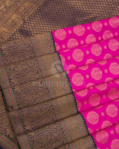 Bright Pink & Navy Blue Kanjivaram Silk Saree - S1071(B) - View 4