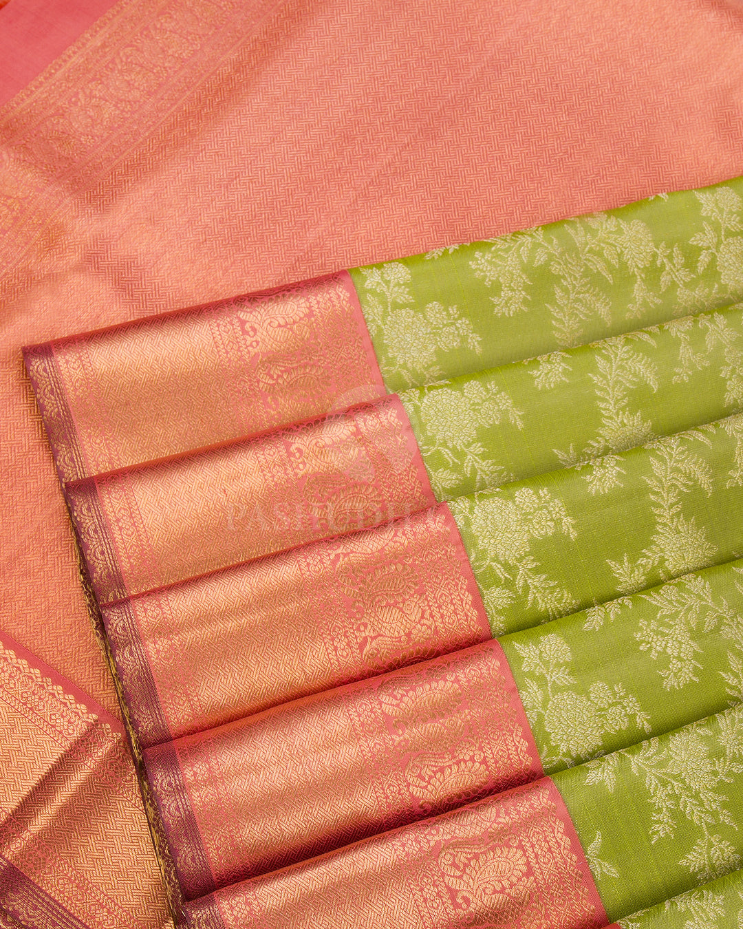 Parrot Green & Rust Orange Kanjivaram Silk Saree - S854 - View 5