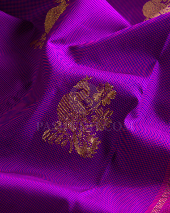 Pink and Blue Chequerd, Rani Pink Bordereless Traditional Kanjivaram Silk Saree - SVJ11