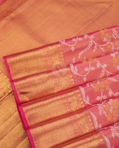 Bright Pink Pure Zari Tissue Kanjivaram Silk Saree - S819 -View 5