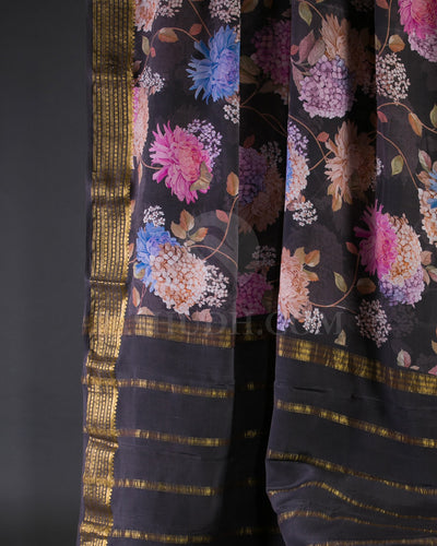 Black Floral Printed Mysore Crepe Silk Saree - KP6