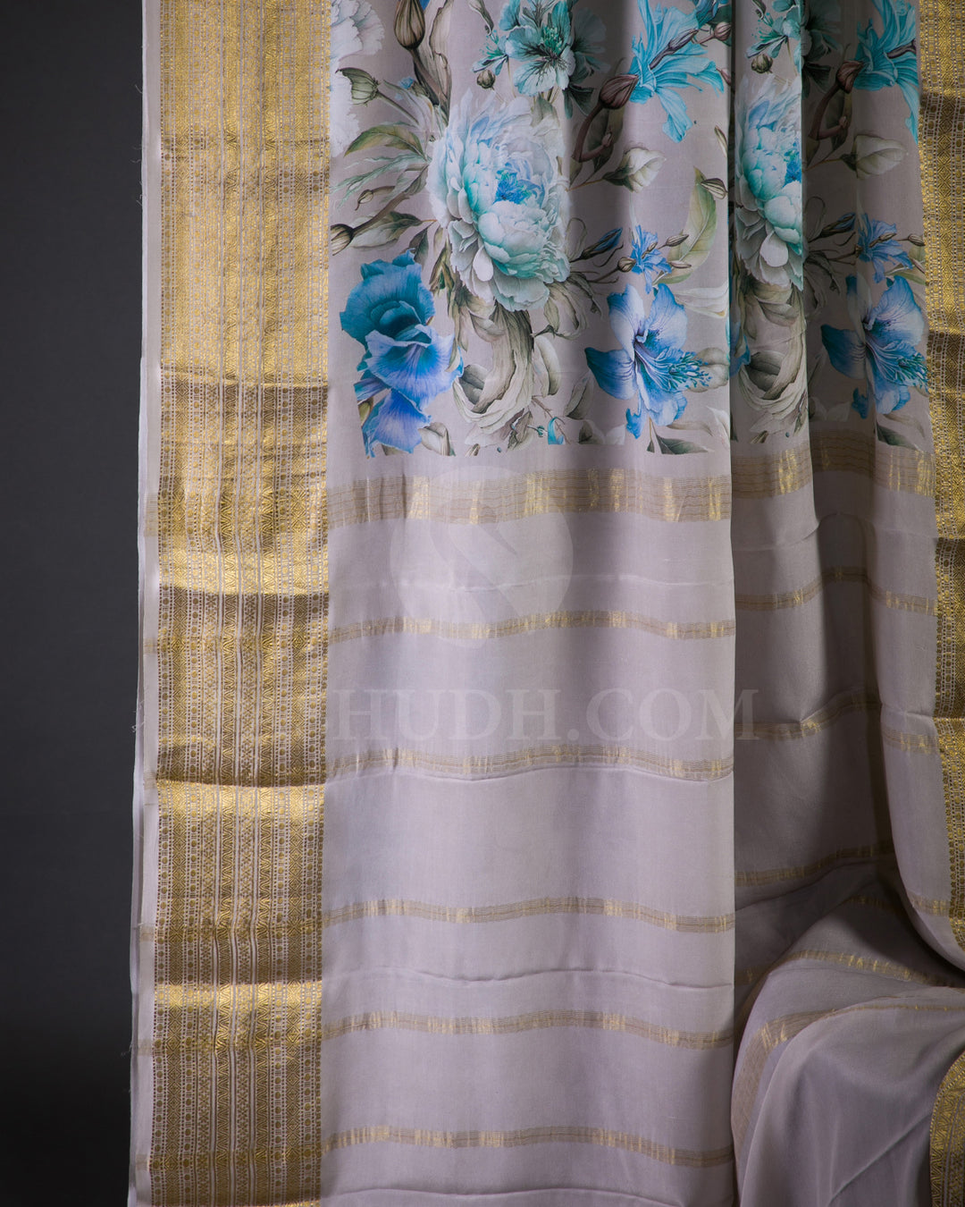 Light Grey Floral Printed Mysore Crepe Silk Saree - KP5