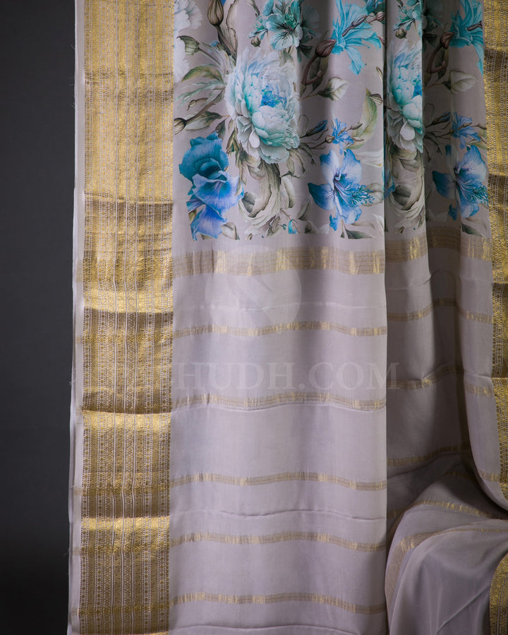 Light Grey Floral Printed Mysore Crepe Silk Saree - KP5