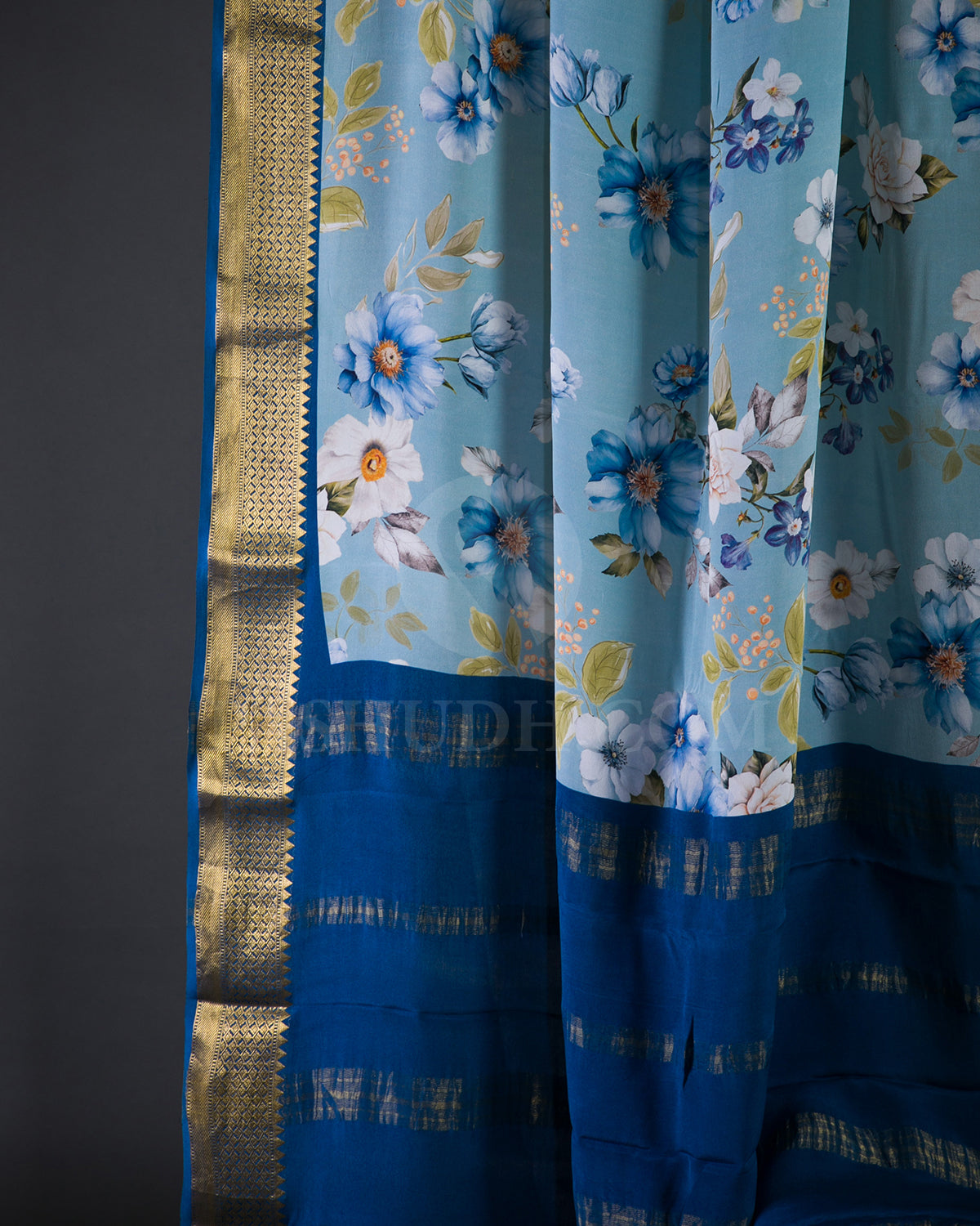 Sky Blue And Dark Blue Floral Printed Mysore Crepe Silk Saree - KP7