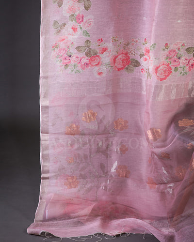 Pink Floral Printed Organza Linen Saree - KP20