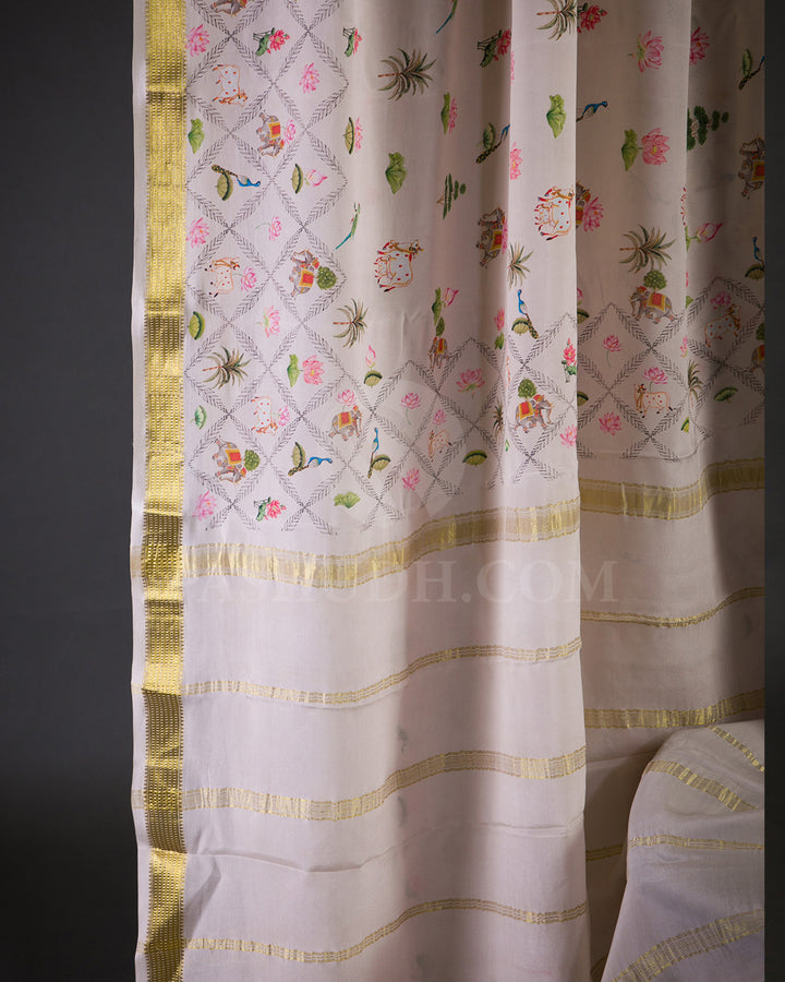 Pastel Pink Pichwai Printed Mysore Crepe Silk Saree - KP4