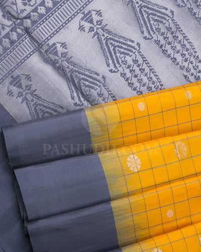 Yellow And Dark Grey Soft Silk Saree - C41