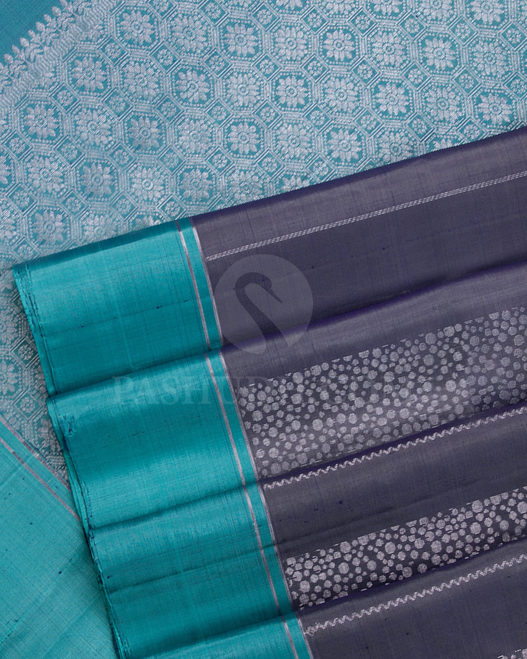 Dark Grey And Sky Blue Soft Silk Saree - C89
