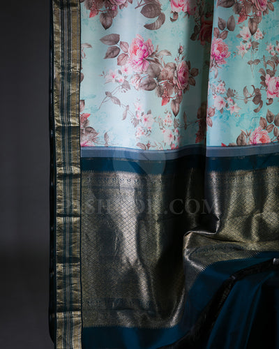 Sky Blue Floral Print Kanjivaram Silk Saree - KP14