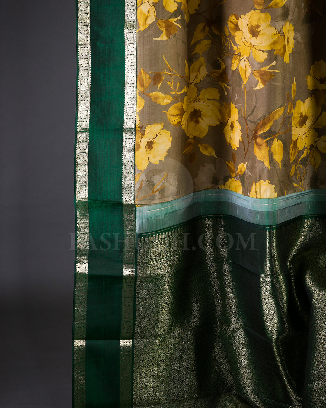 Green And Yellow Printed Handloom Korvai Kanjivaram Silk Saree - KP15