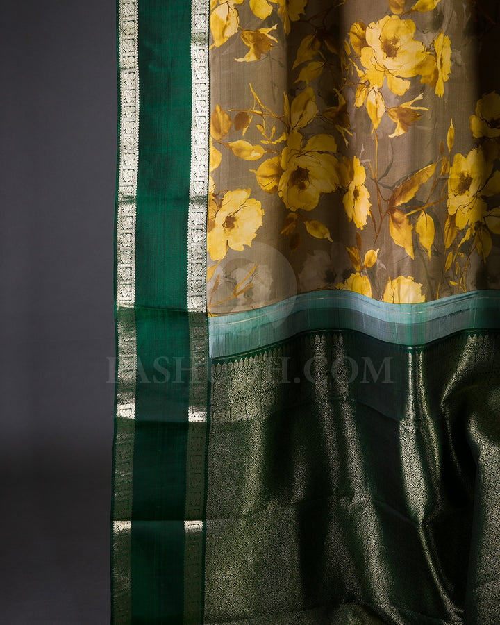 Green And Yellow Printed Handloom Korvai Kanjivaram Silk Saree - KP15