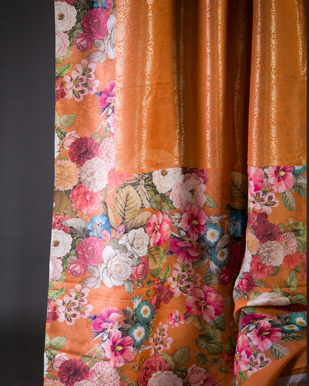 Orange Floral Print Kanjivaram Silk Saree - KP11