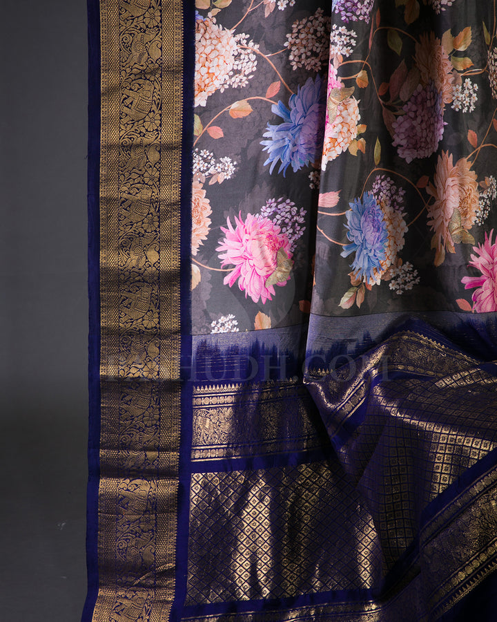 Grey And Dark Blue Handloom Printed Kanjivaram Silk Saree - KP1