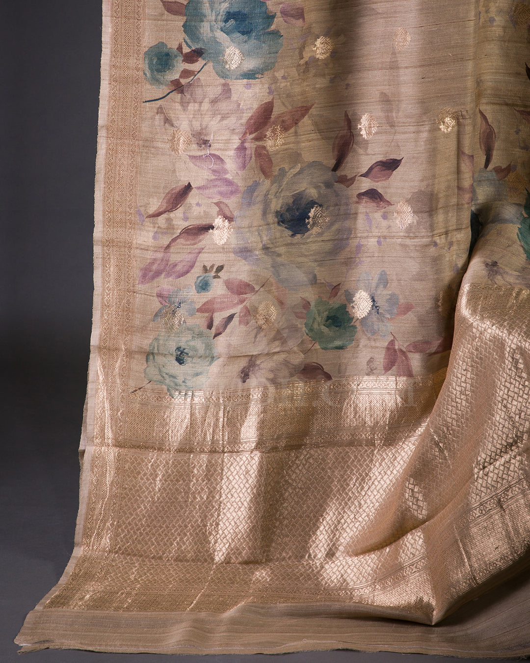 Brown Floral Printed Handloom Tussar Saree  - KP23