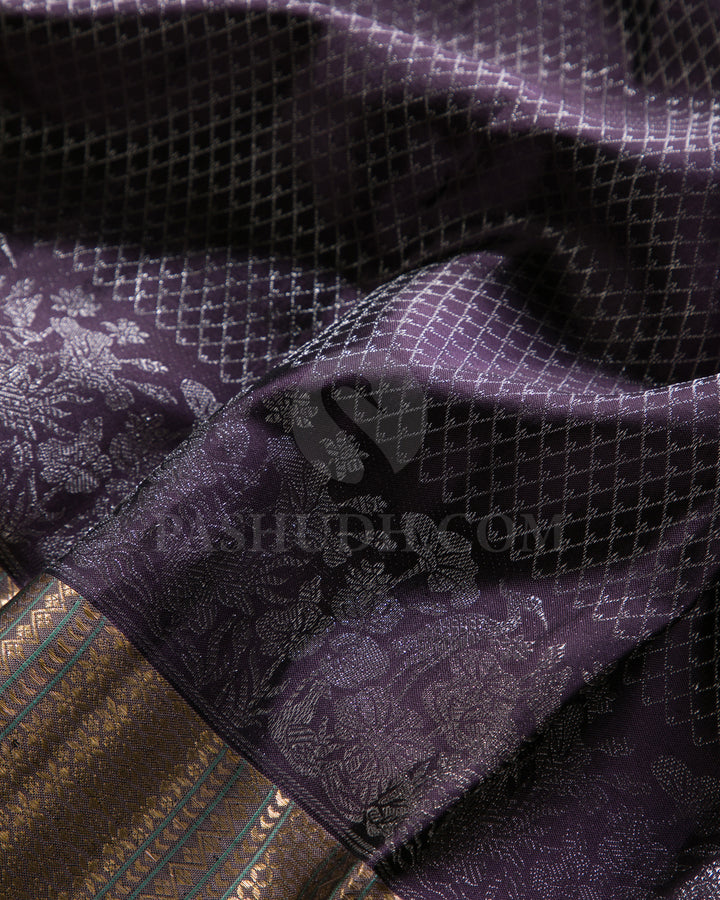 Deep Egg Plant And Greige Kanjivaram Silk Saree - D572(B)