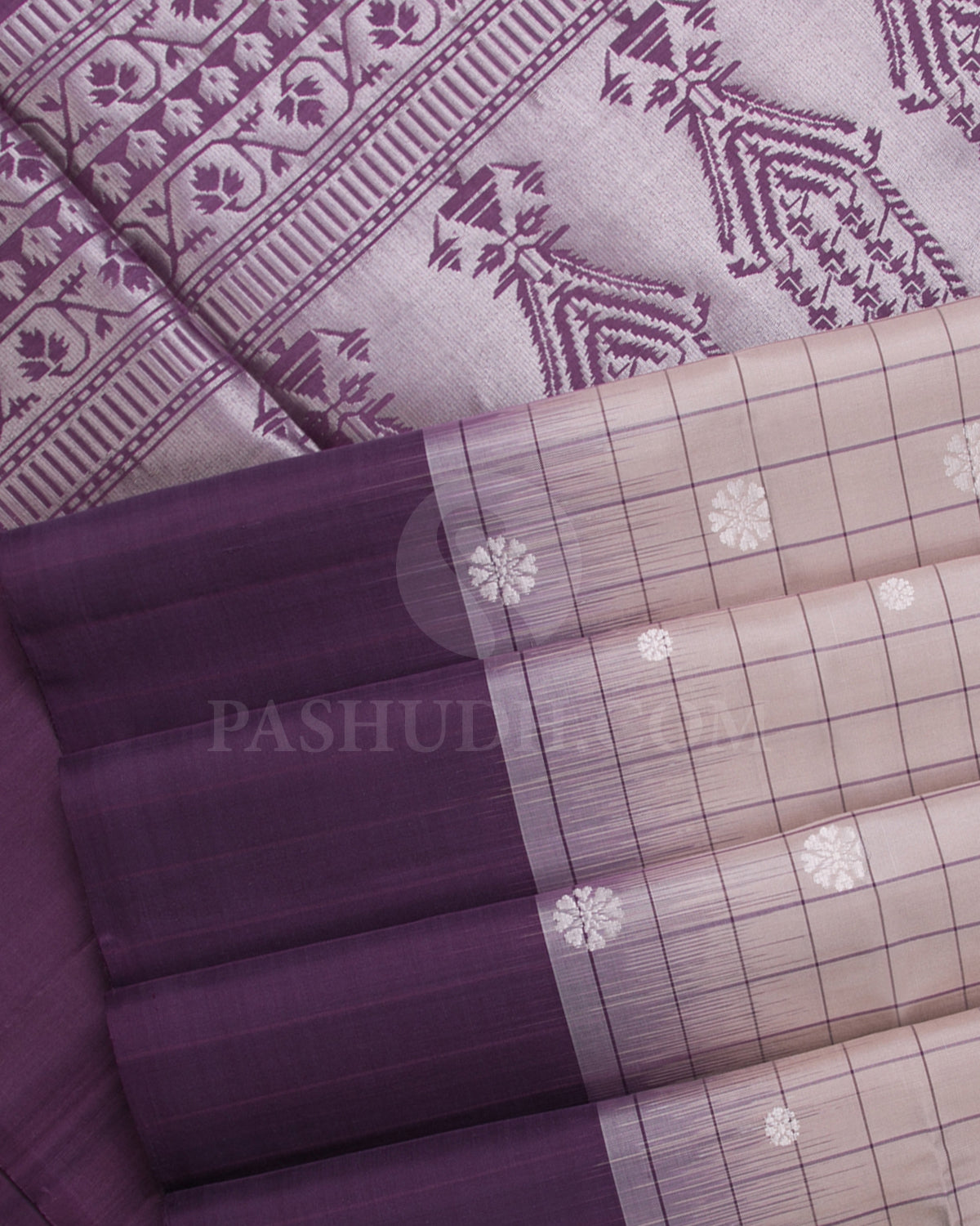 Cream And Aubergine Soft Silk Saree - C35