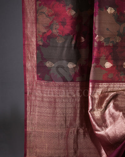 Maroon And Grey Handloom Printed Tussar Saree - KP24