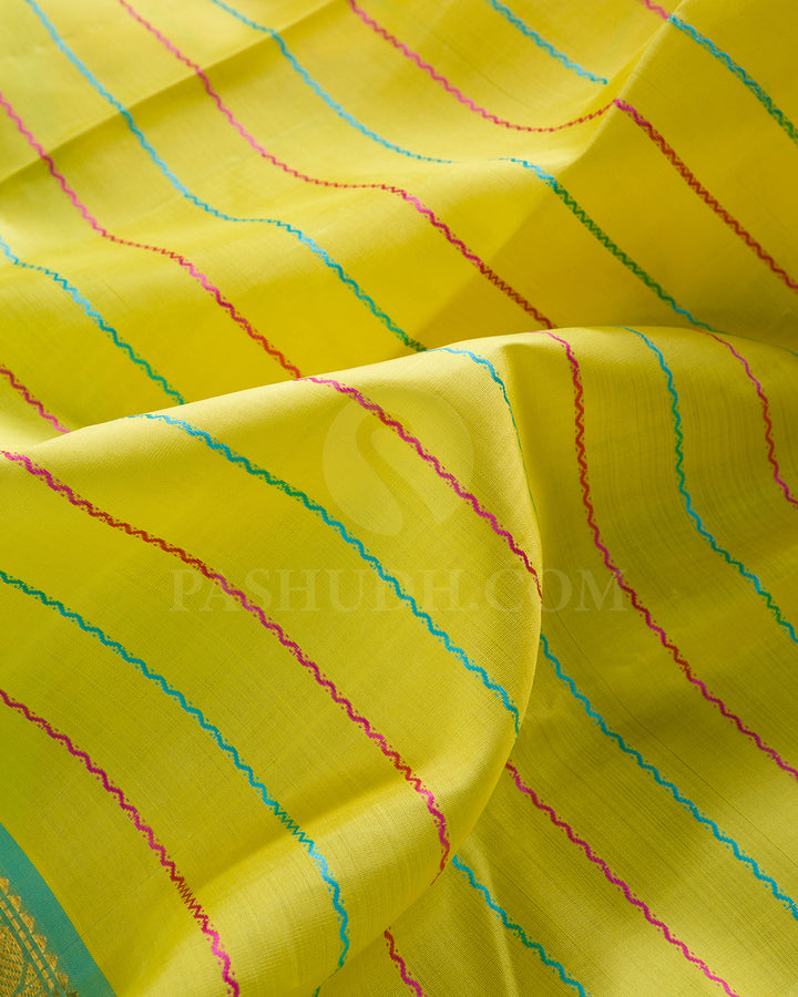Lemon Yellow, Pink And Sky Blue Traditional Kanjivaram Silk Saree - SVJ50