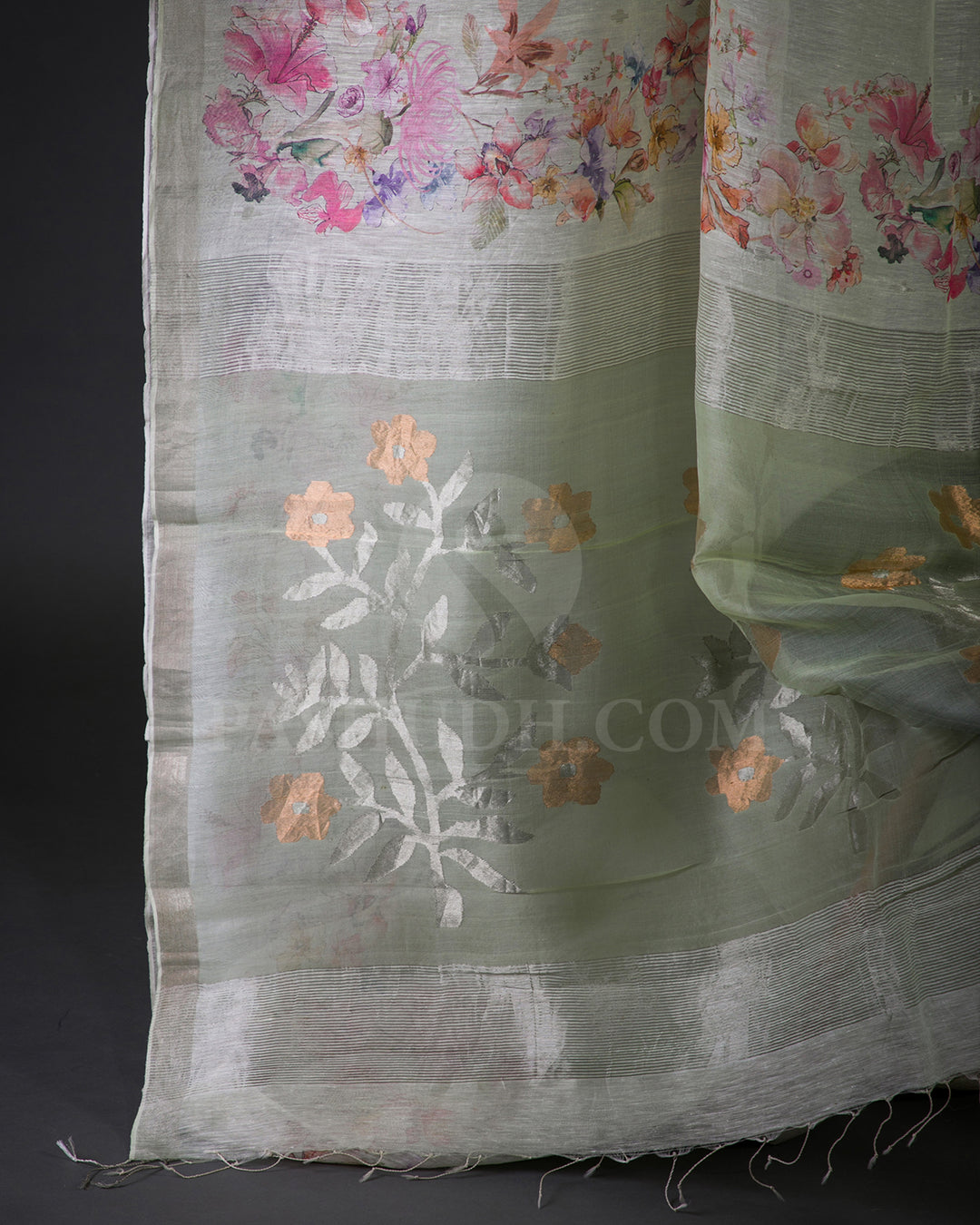 Mint Floral Printed Organza Linen Saree - KP22