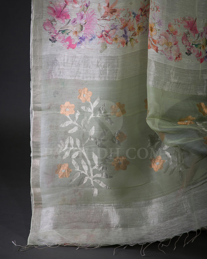 Mint Floral Printed Organza Linen Saree - KP22