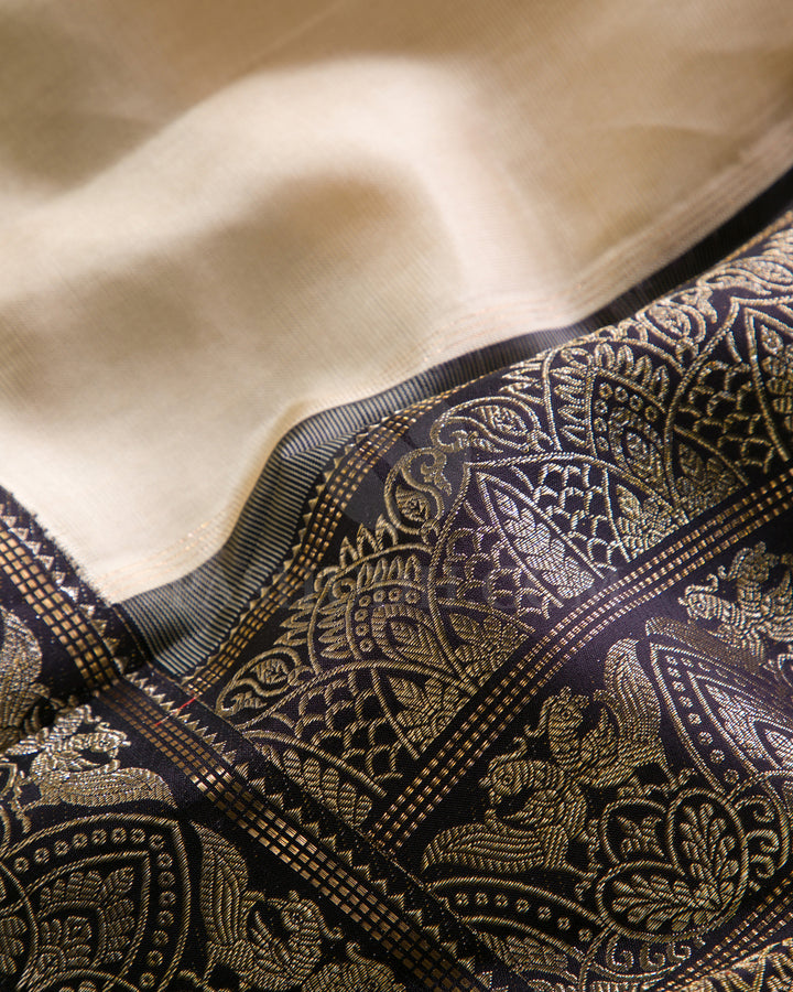 Cream And Deep Aubergine Kanjivaram Silk Saree - S1292(A)