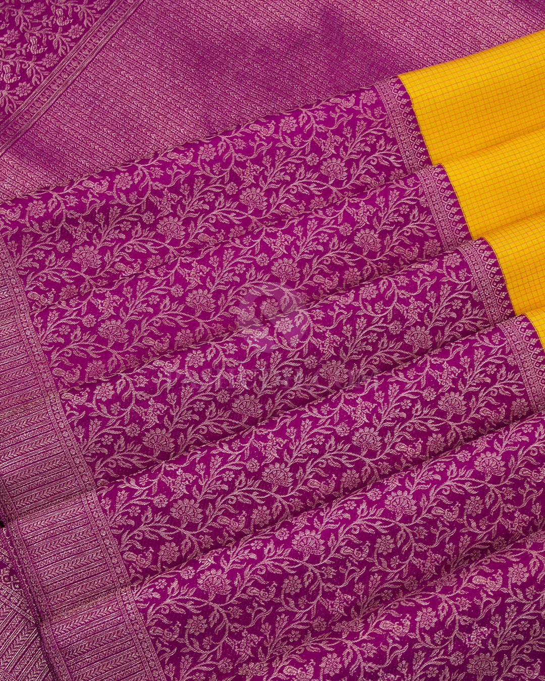 Lemon Yellow & Violet  Zari Kanjivaram Silk Saree -  S820 - View 5