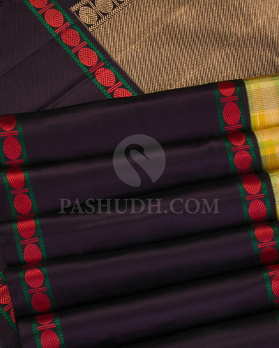 Yellow, Green And Aubergine Kanjivaram Silk Saree - S1163(A) - View 4