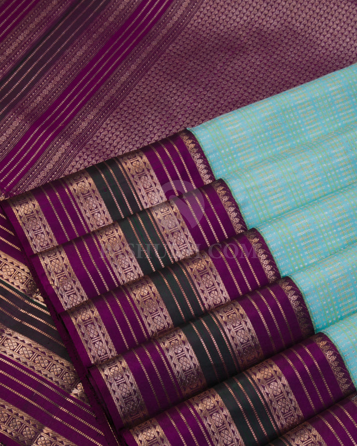 Sky Blue & Violet Kanjivaram Silk Saree - S965 - View 4