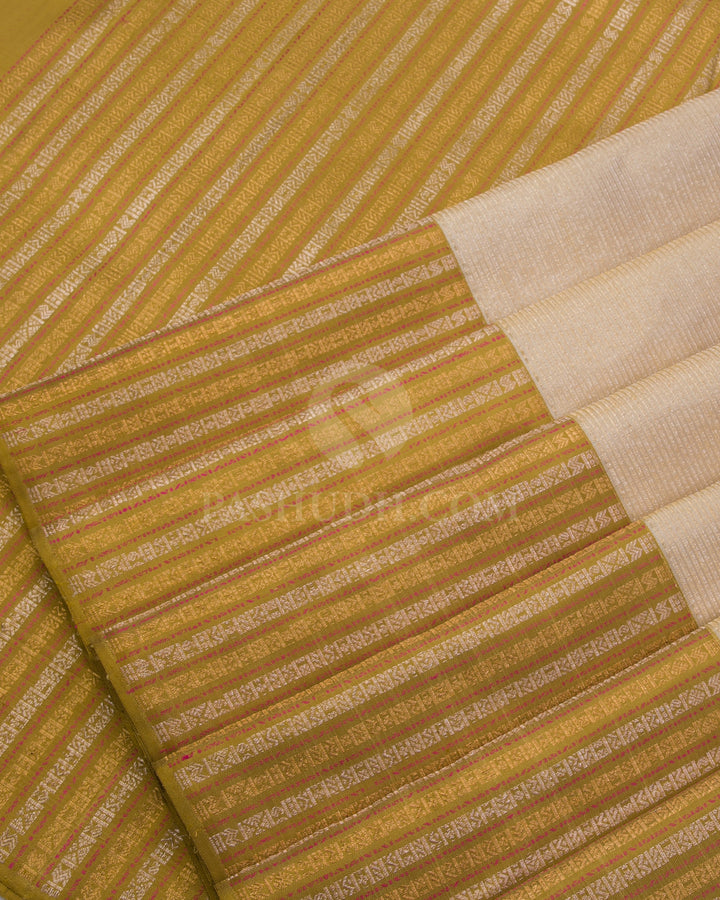 Cream/ Ivory & Mehendi Green Kanjivaram Silk Saree - S1039(A) - View 4