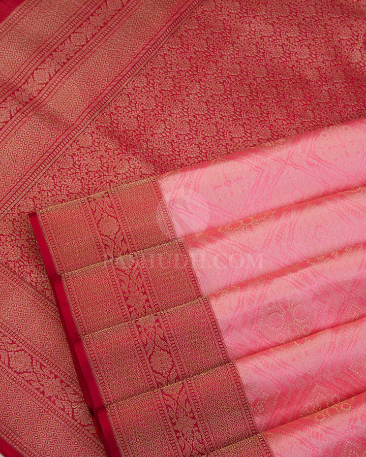Light Pink and Red Kanjviaram Silk Saree - DT217