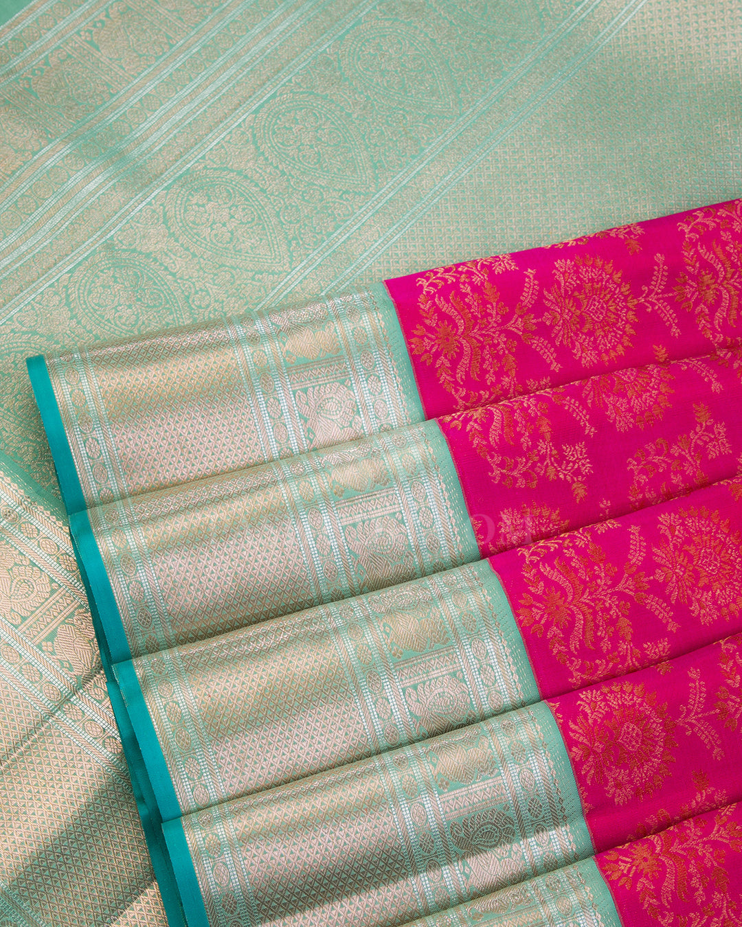 Dark Pink and Turquoise Kanjivaram Silk Saree - S916