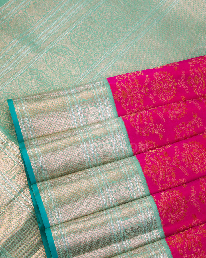Dark Pink and Turquoise Kanjivaram Silk Saree - S916