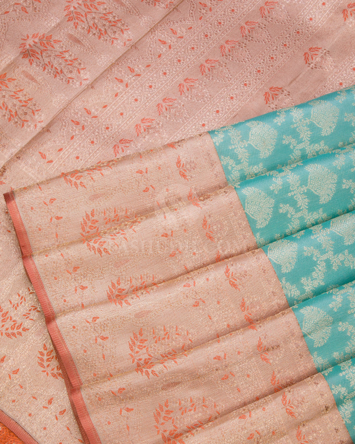 Sky Blue & Peach Shot Cream Kanjivaram Silk Saree - S883 - View 5