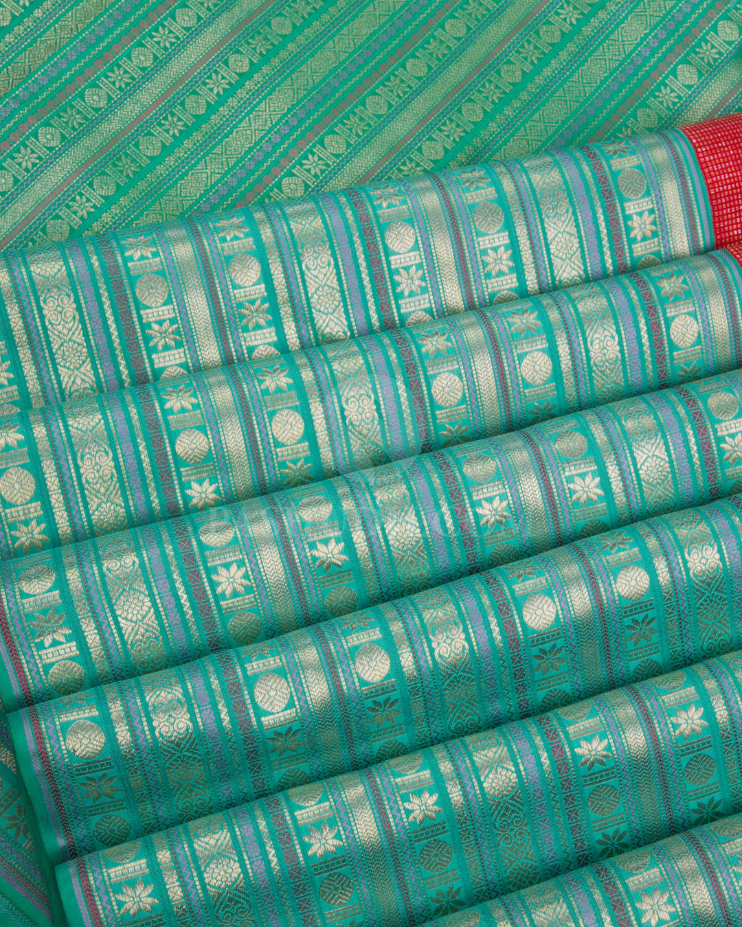 Red & Cyan Kanjivaram Silk Saree - S1080(C) - View 4