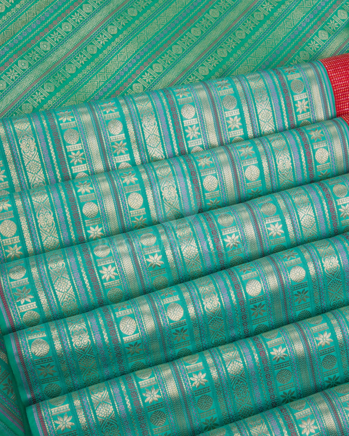 Red & Cyan Kanjivaram Silk Saree - S1080(C) - View 4