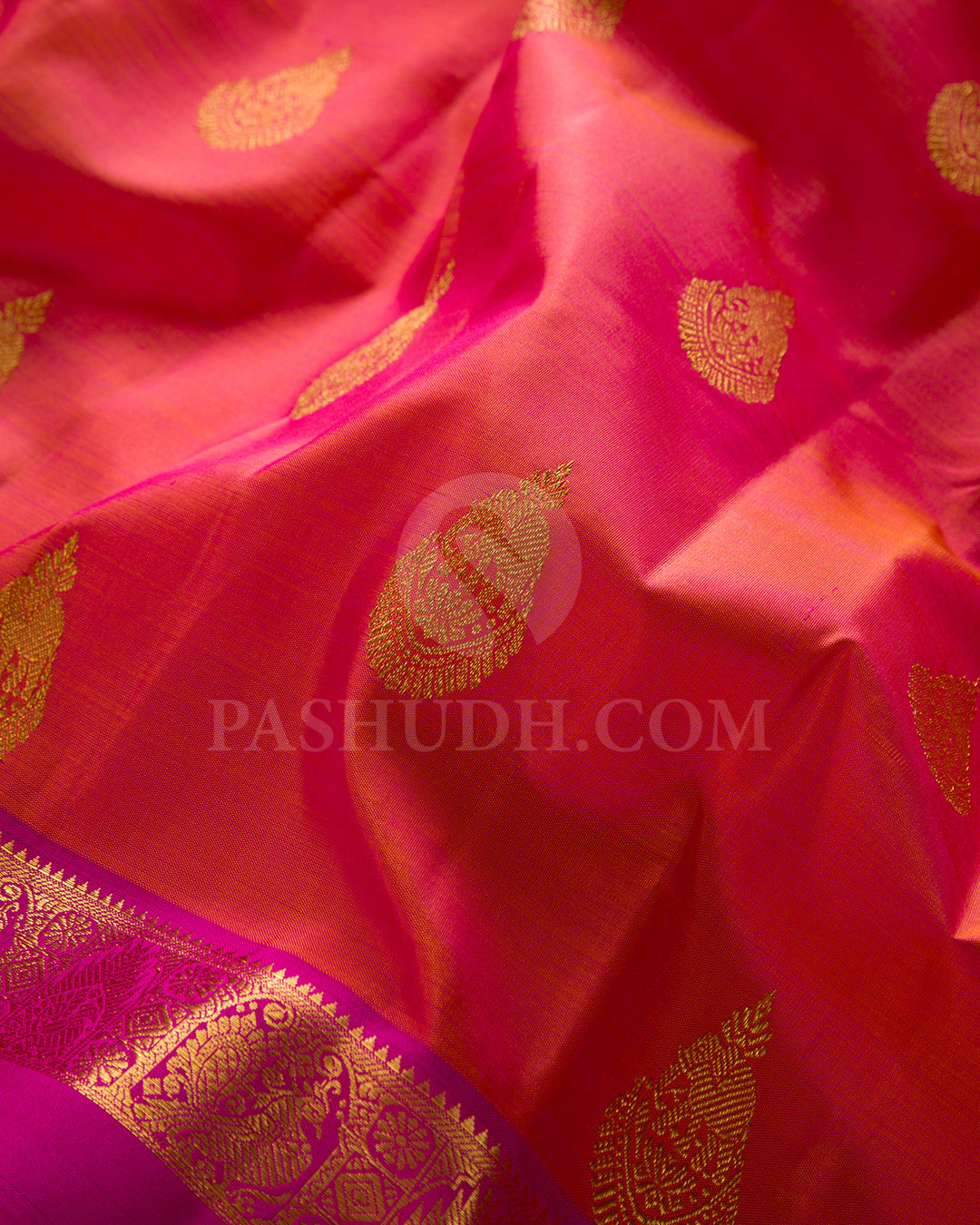 Pink Shot Orange And Rani Pink Traditional Kanjivaram Silk Saree - SVJ75