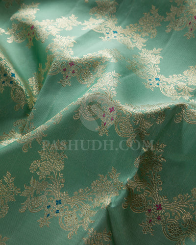 Pastel Teal, Blue And Rust Orange Kanjivaram Silk Saree - S1093( C )