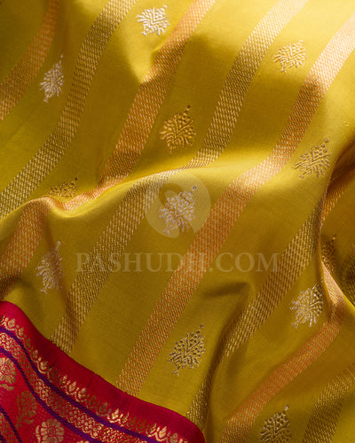 Mustard Yellow And Bright Red Kanjivaram Silk Saree - S1376(A)