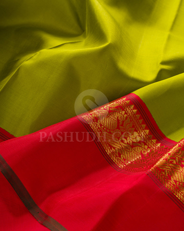 Olive Green And Red Kanjivaram Silk Saree - BKF19