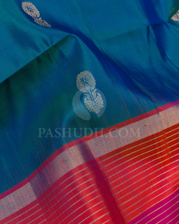 Peacock Blue, Orange and Rani Pink Sof Silk Saree - AC104