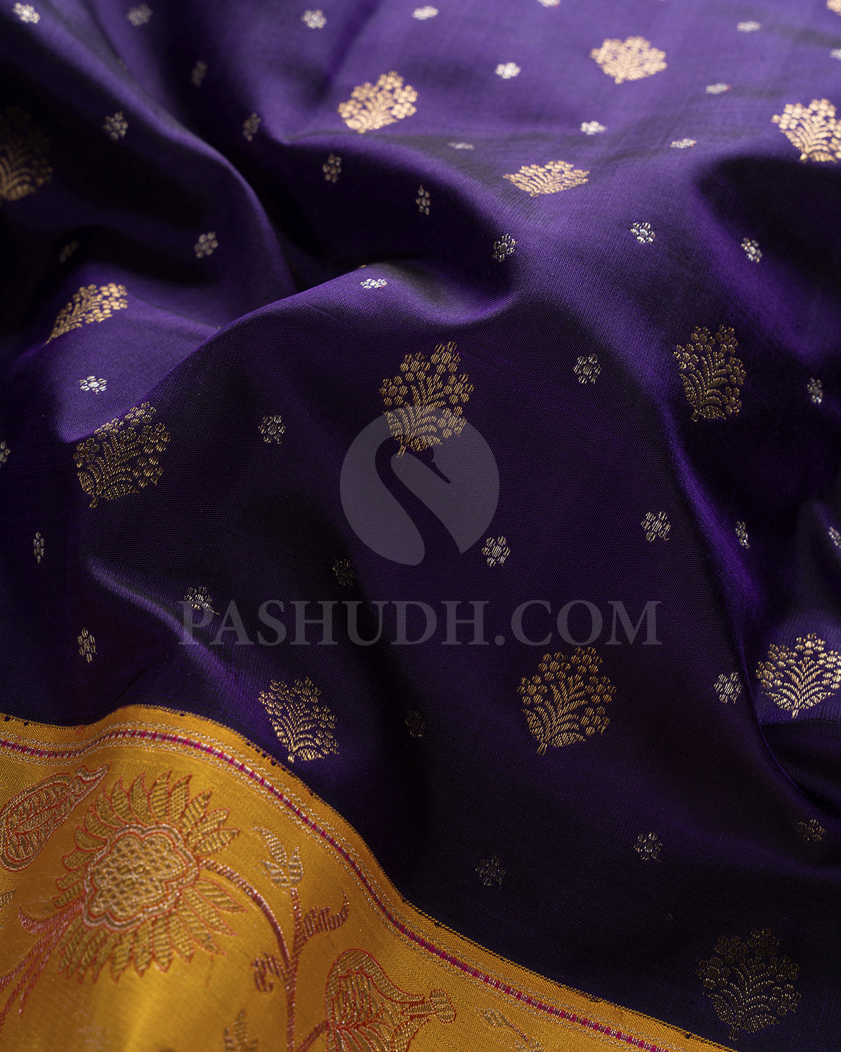 Navy Blue And Mango Yellow Pure Zari Kanjivaram Silk Saree - P171(A)