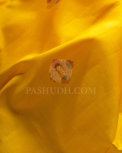 Turmeric Yellow And Light Teal Blue Kanjivaram Silk Saree - S1375(A)