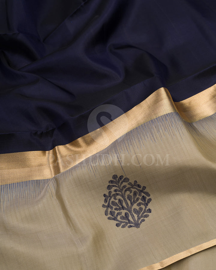 Navy Blue and Greige Soft Silk Saree - AC46
