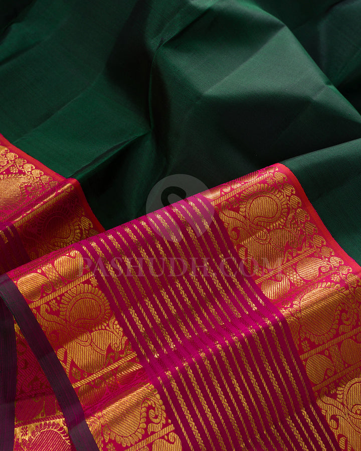 Bottle Green And Orange Shot Rani Pink Kanjivaram Silk Saree - BKF16