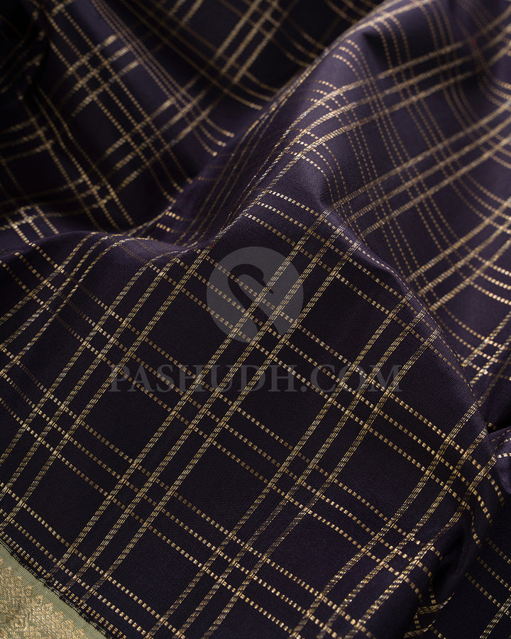 Aubergine And Pastel Sage Green Kanjivaram Silk Saree - BKF11