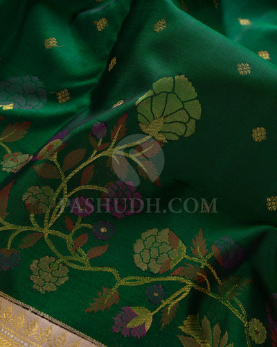 Forest Green And Ivory Pure Zari Kanjivaram Silk Saree - P173(A)