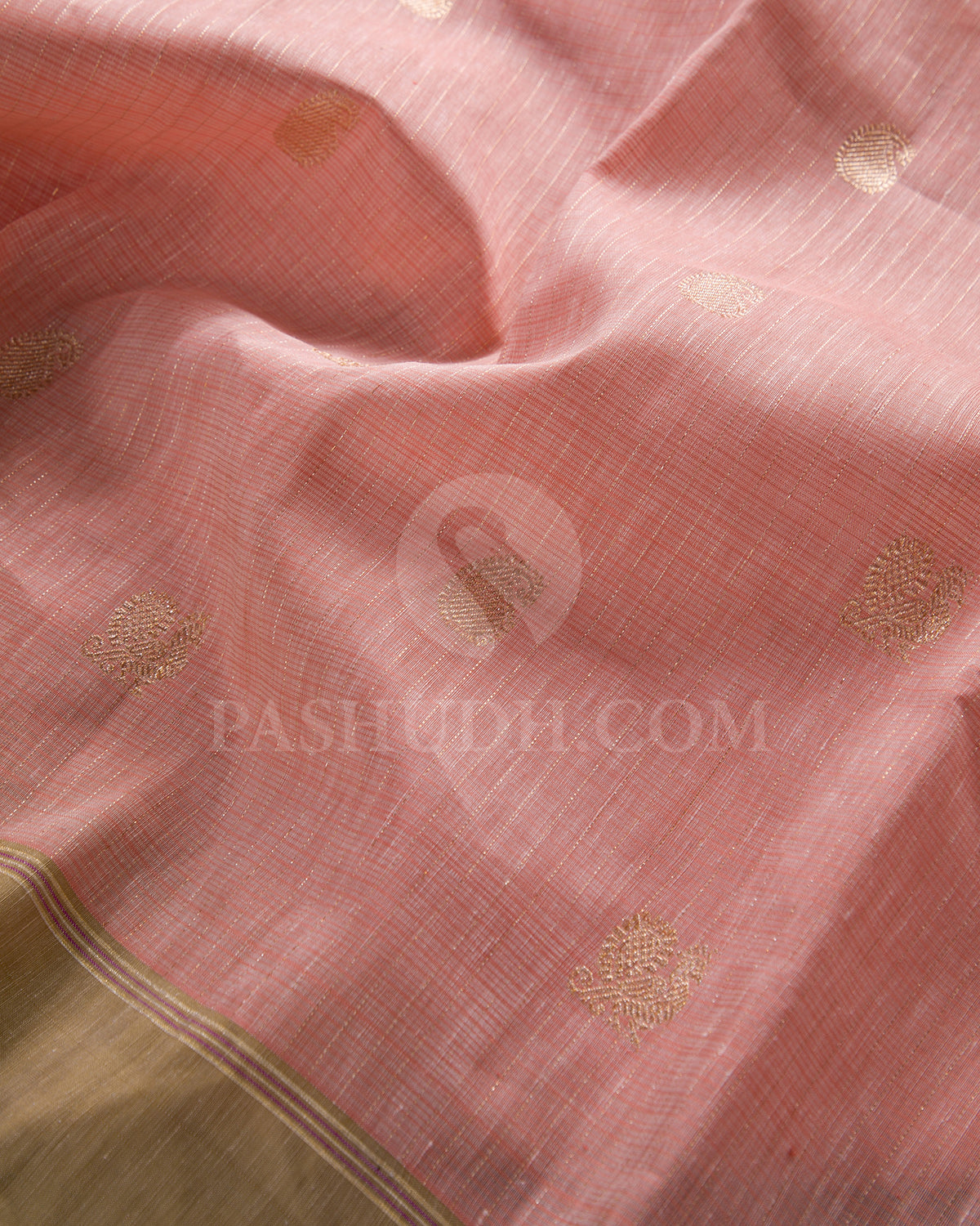 Peachy Pink and Khaki Linen Style Woven Traditional Kanjivaram Silk Saree - AK15