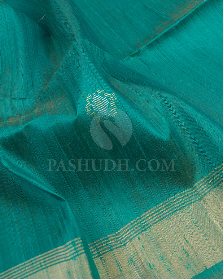 Prussian Green and Khaki Dupion Soft Silk Saree - AC50