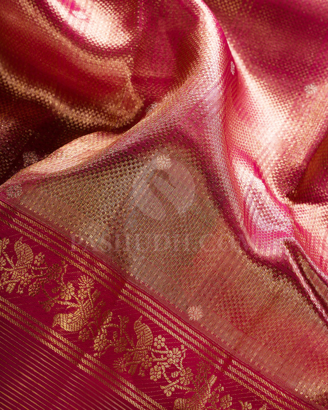Pinkish Gold And Rani Pink Shimmer Organza Kanjivaram Silk Saree - S1385(A)