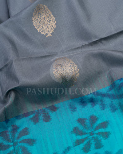 Turquoise Blue and Grey Soft Silk Saree - AC102